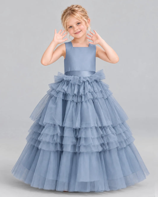 Dusty Blue Ball Gown Girls Pageant Dress Front