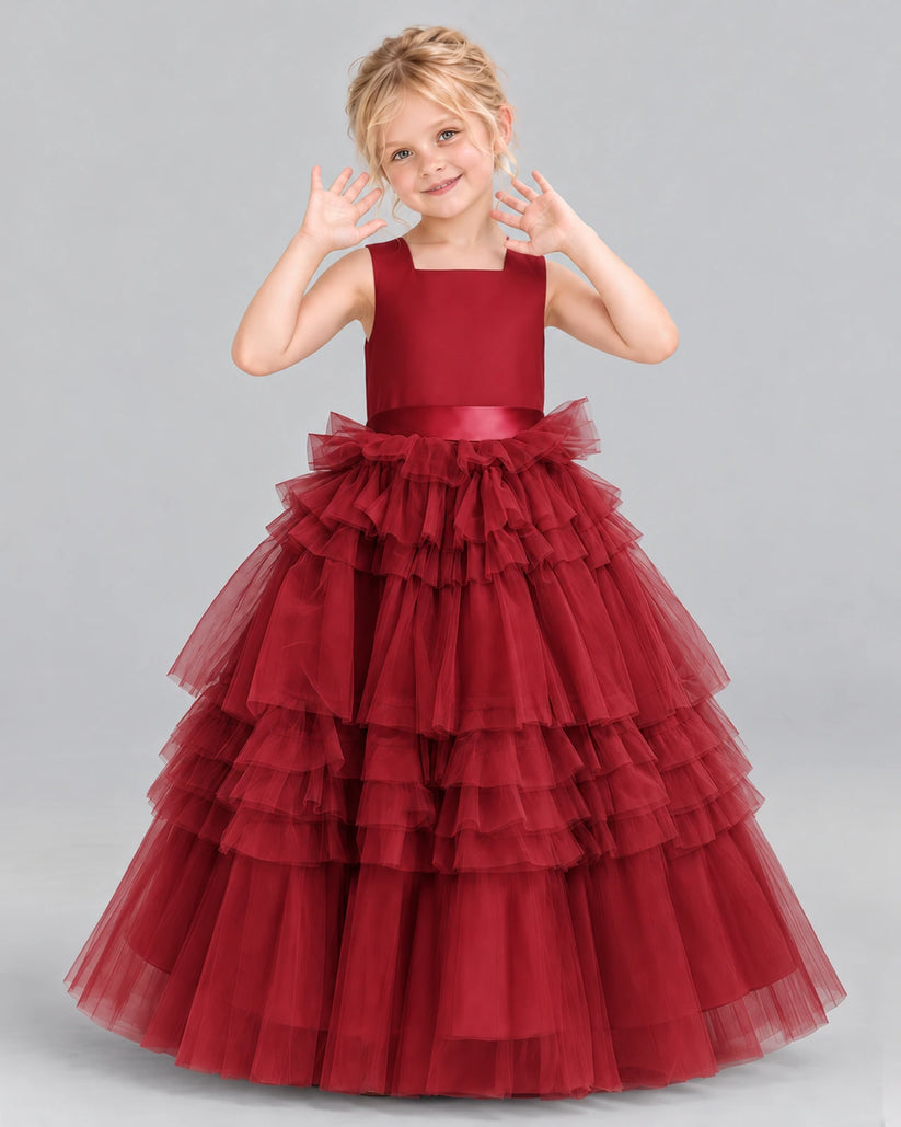 Burgundy Ball Gown Girls Pageant Dress Front