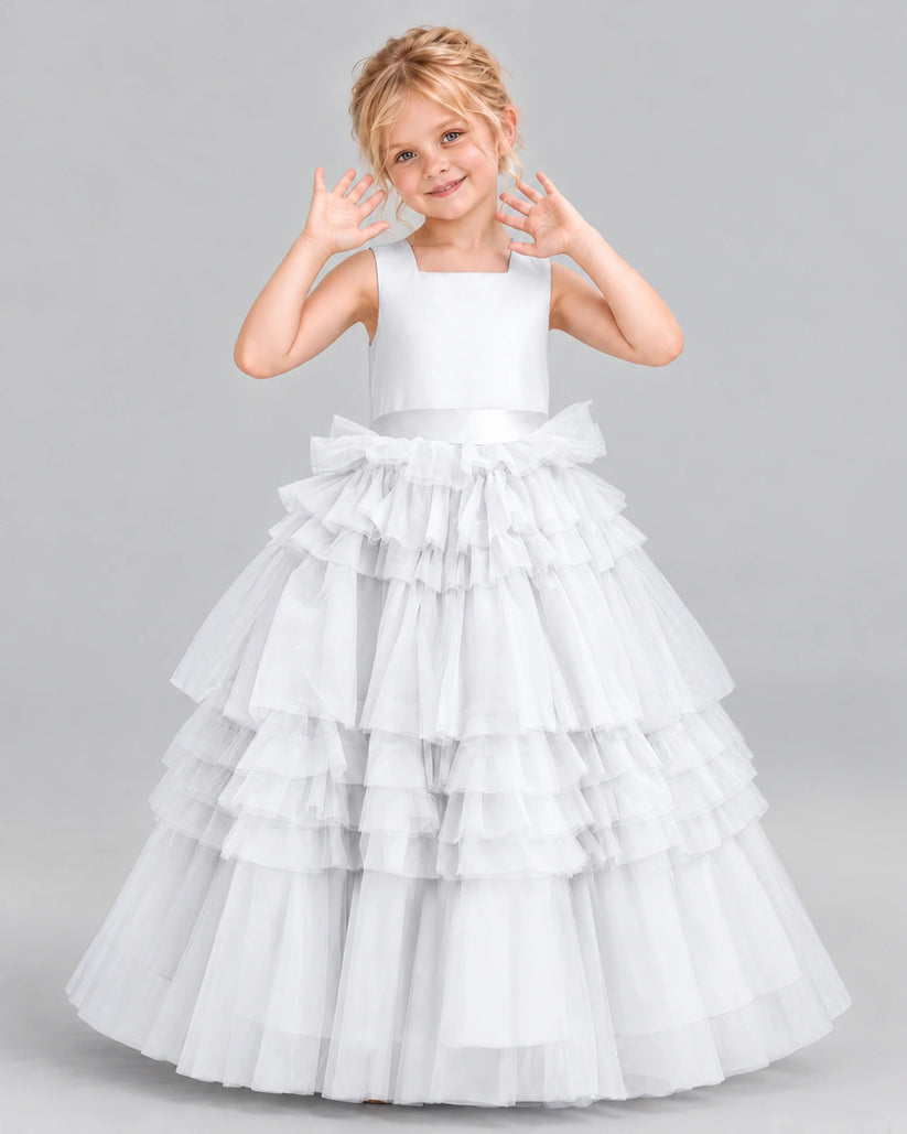 White Ball Gown Girls Pageant Dress Front