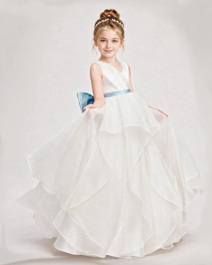 Dideyttawl Organza Flower Girl Dress with Tiered Skirt and Satin Bow