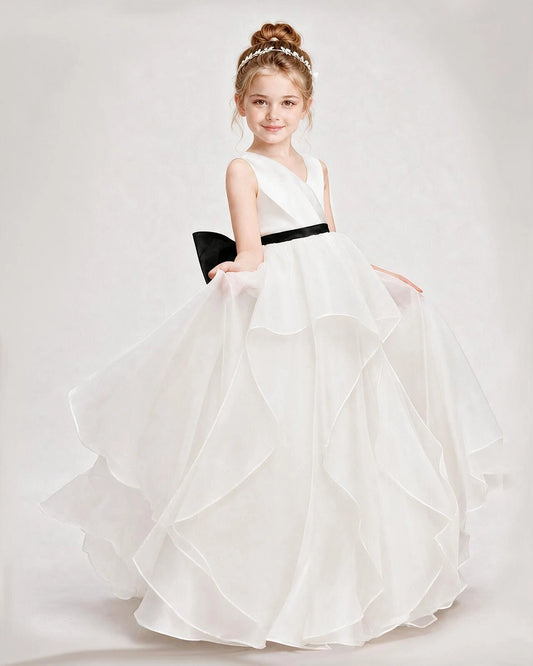 Black Satin V-Neck A-Line Flower Girl Dresses Front View