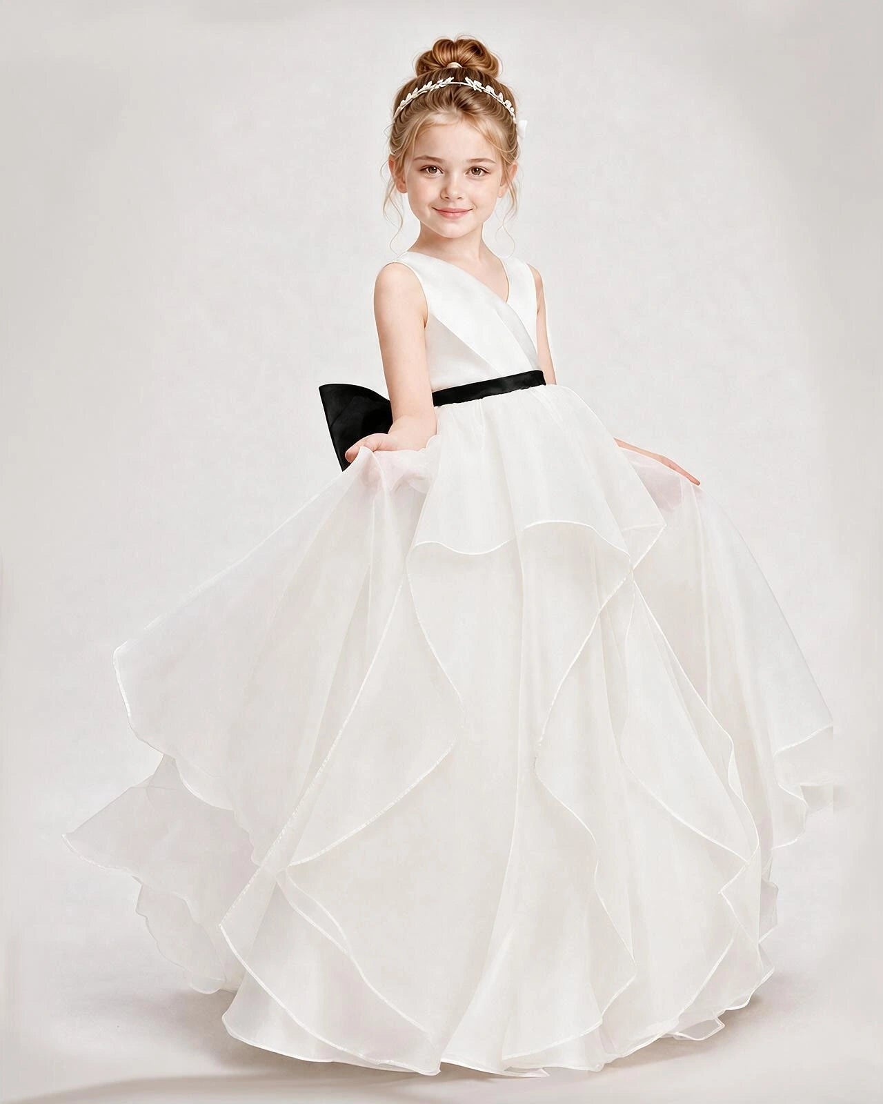 Dideyttawl Organza Flower Girl Dress with Tiered Skirt and Satin Bow