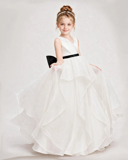 Dideyttawl Organza Flower Girl Dress with Tiered Skirt and Satin Bow