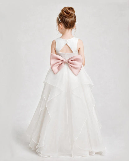 Dideyttawl Organza Flower Girl Dress with Tiered Skirt and Satin Bow