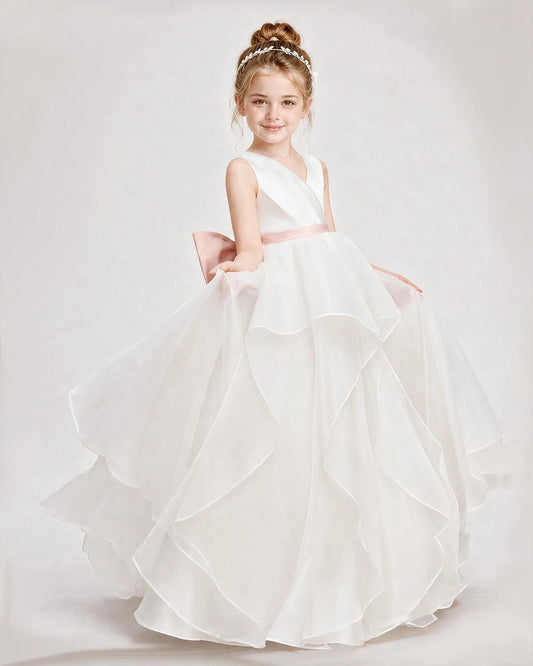 Blush Pink Satin V-Neck A-Line Flower Girl Dresses Front View