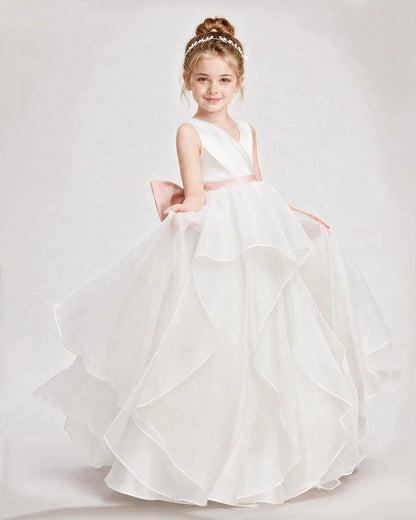 Dideyttawl Organza Flower Girl Dress with Tiered Skirt and Satin Bow