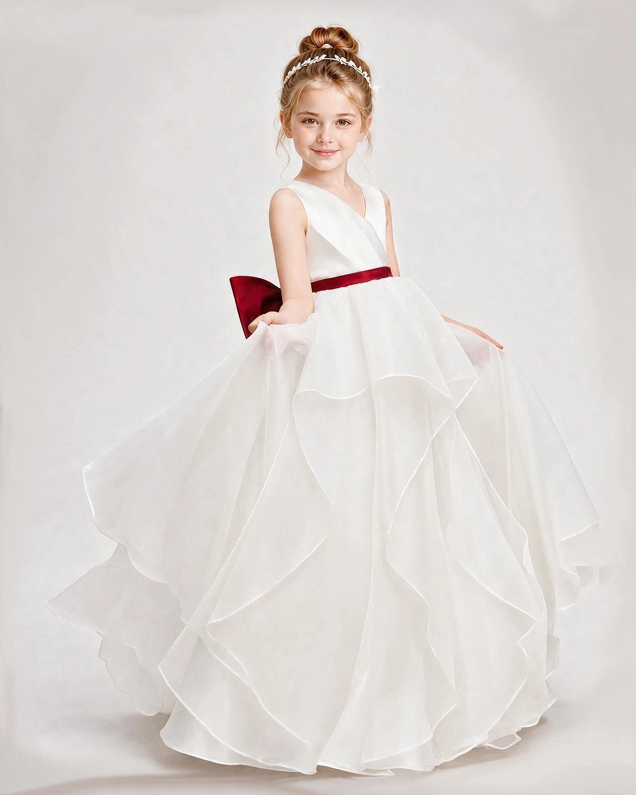 Dideyttawl Organza Flower Girl Dress with Tiered Skirt and Satin Bow