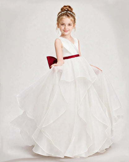 Dideyttawl Organza Flower Girl Dress with Tiered Skirt and Satin Bow