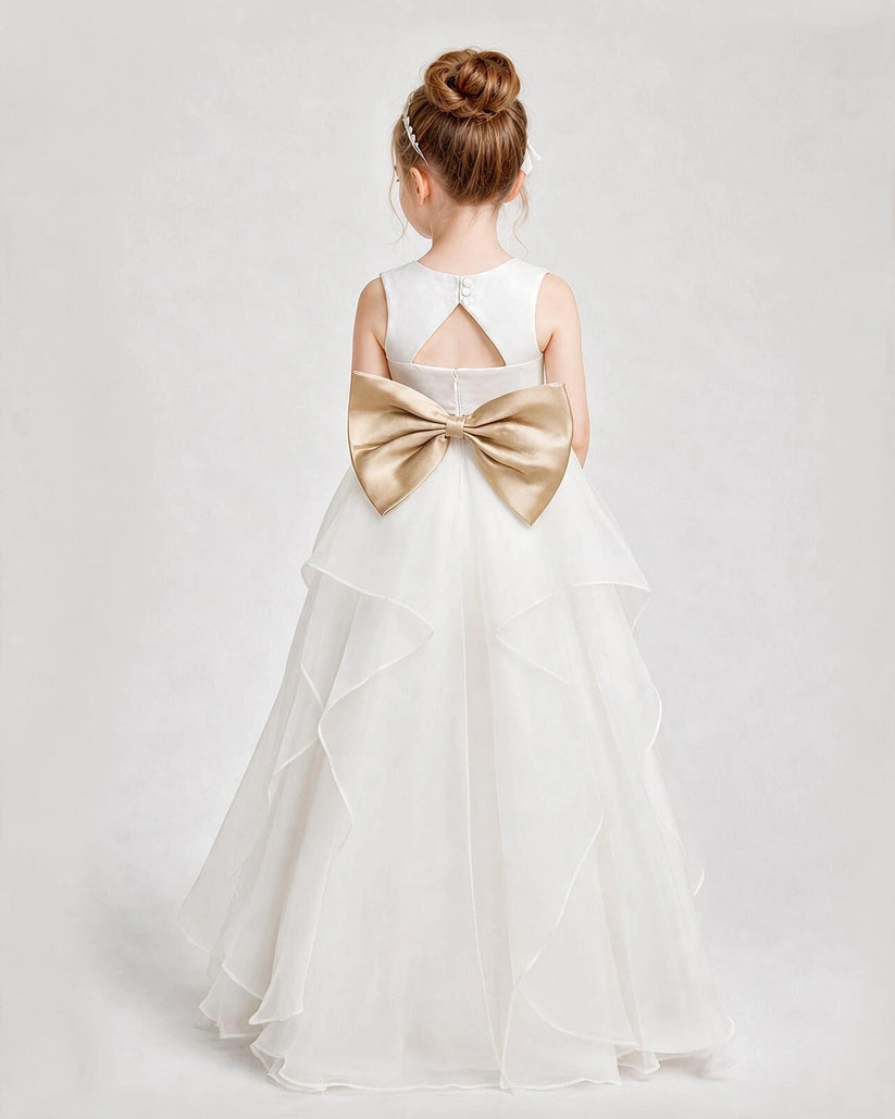Champagne Satin A-Line Flower Girl Dresses Back View