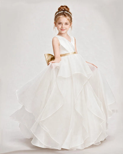 Dideyttawl Organza Flower Girl Dress with Tiered Skirt and Satin Bow