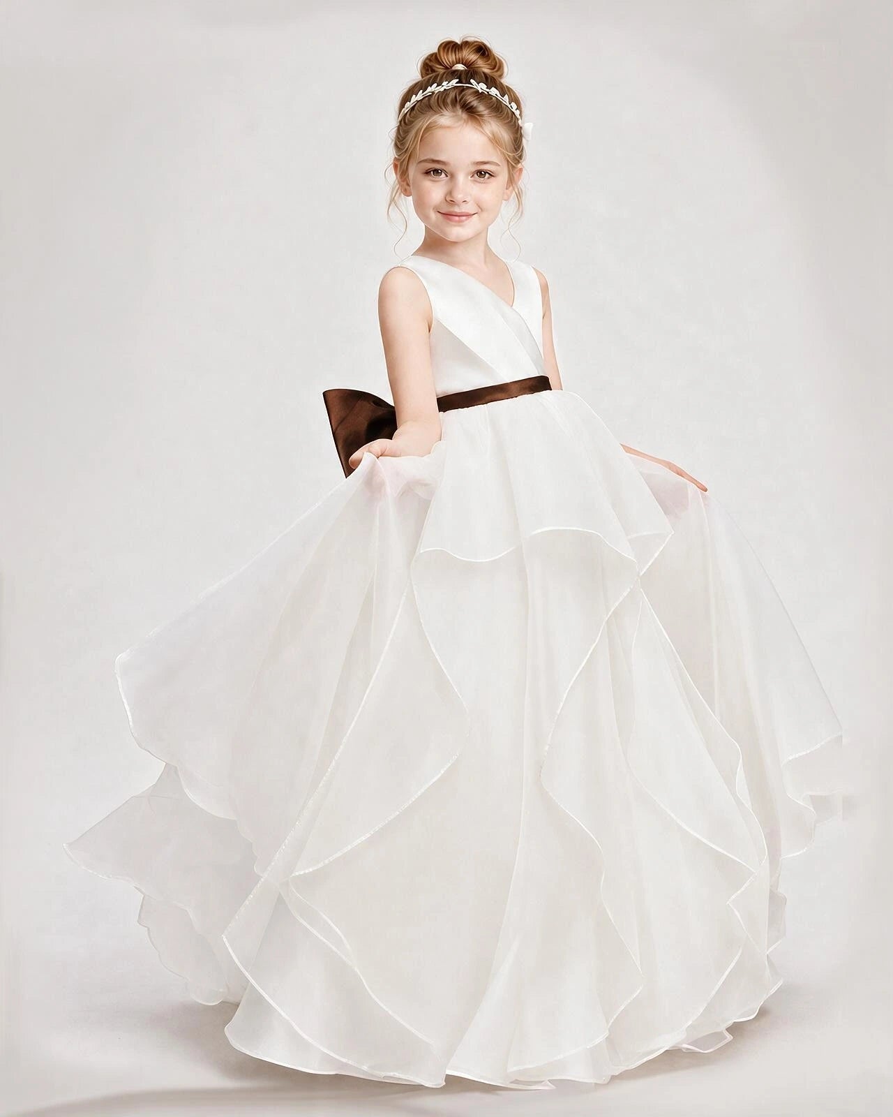 Dideyttawl Organza Flower Girl Dress with Tiered Skirt and Satin Bow