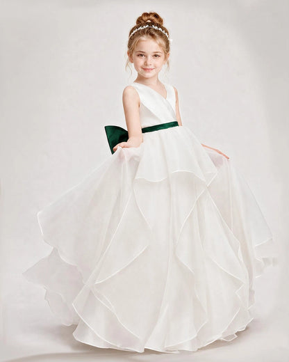 Dideyttawl Organza Flower Girl Dress with Tiered Skirt and Satin Bow