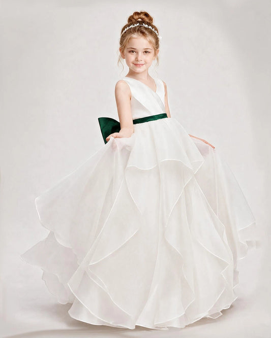 Dark Green Satin A-Line Flower Girl Dresses Front View