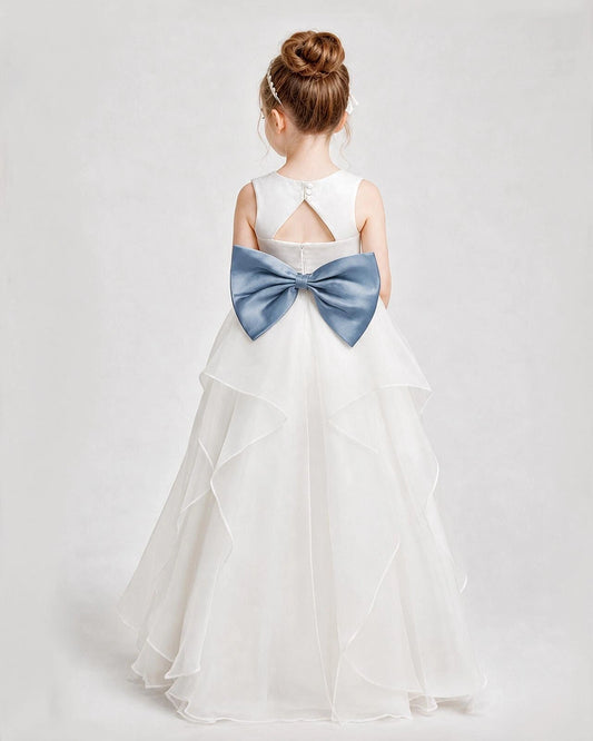 Dusty Blue Satin Tiered Flower Girl Dresses Back View