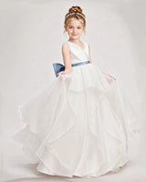 Dusty Blue Satin A-Line Flower Girl Dresses Front View