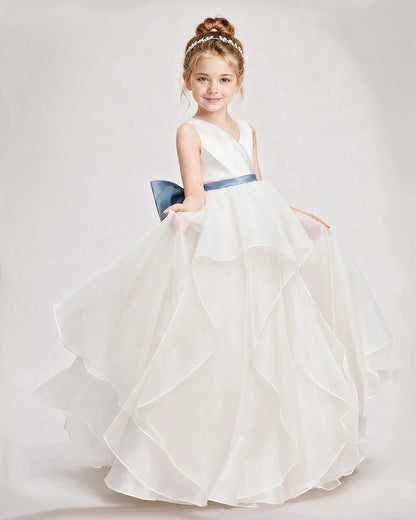 Dideyttawl Organza Flower Girl Dress with Tiered Skirt and Satin Bow