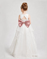 Dusty Rose Satin Tiered Ruffled Flower Girl Dress Back View