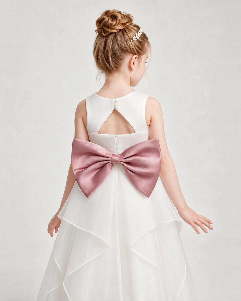 Dusty Rose Satin Bow A-Line Flower Girl Dress Back View
