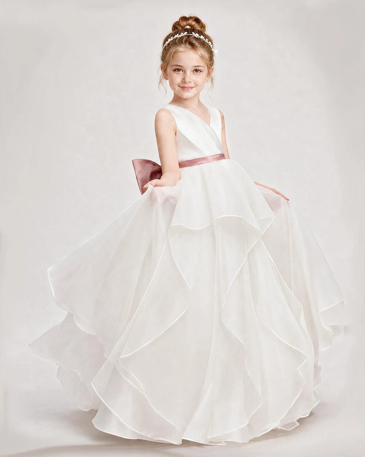 Dideyttawl Organza Flower Girl Dress with Tiered Skirt and Satin Bow