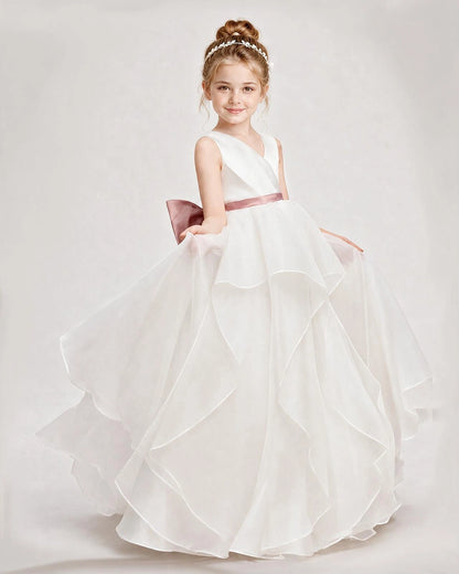 Dideyttawl Organza Flower Girl Dress with Tiered Skirt and Satin Bow
