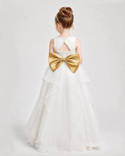 Dideyttawl Organza Flower Girl Dress with Tiered Skirt and Satin Bow