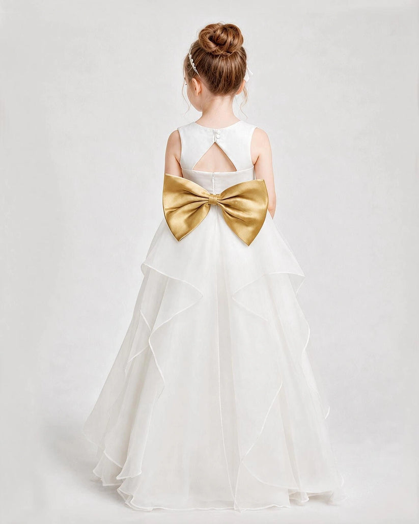 Gold Satin Tiered A-Line Flower Girl Dresses Back View