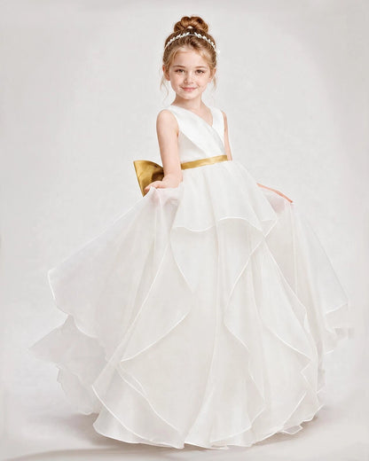 Dideyttawl Organza Flower Girl Dress with Tiered Skirt and Satin Bow