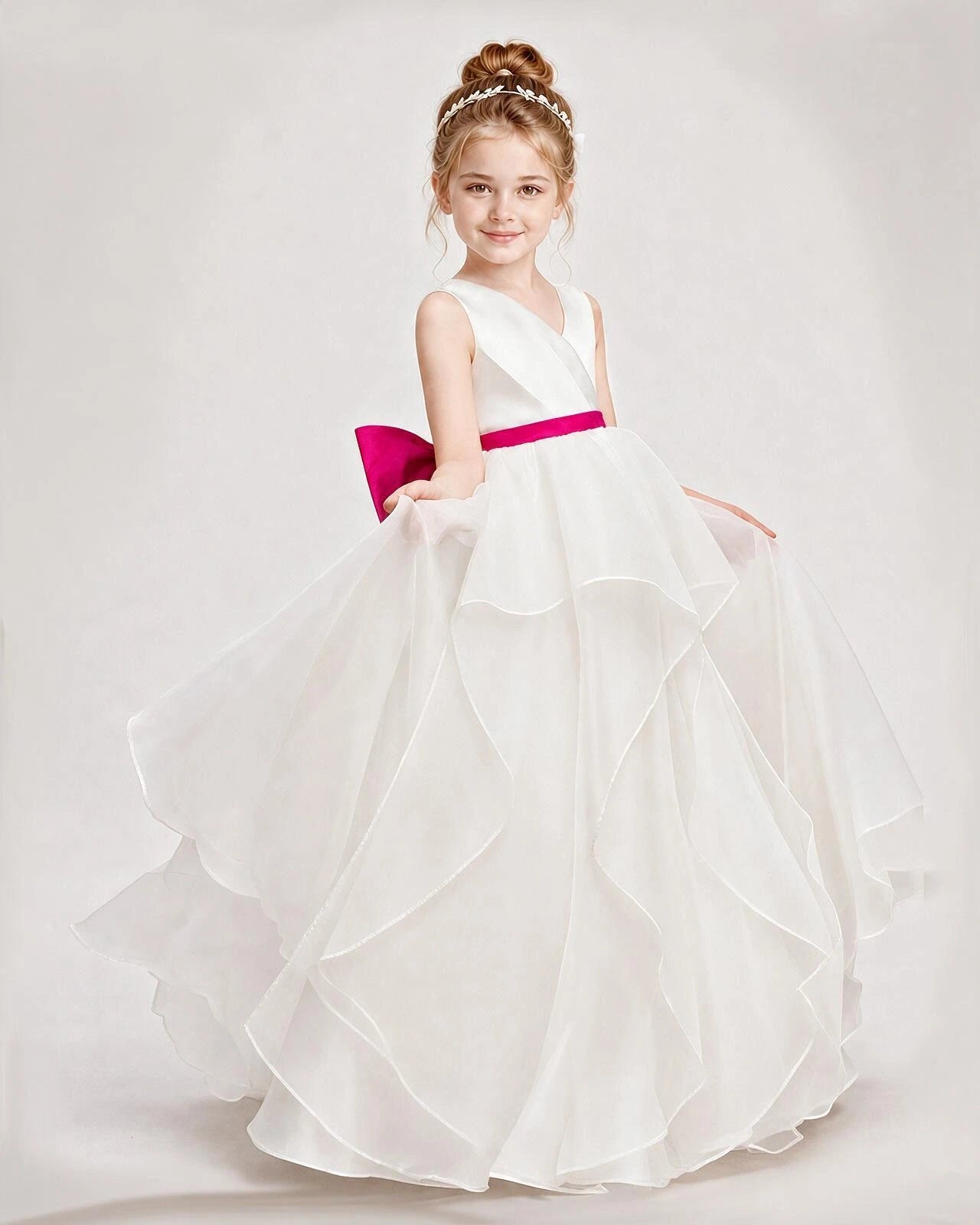 Dideyttawl Organza Flower Girl Dress with Tiered Skirt and Satin Bow