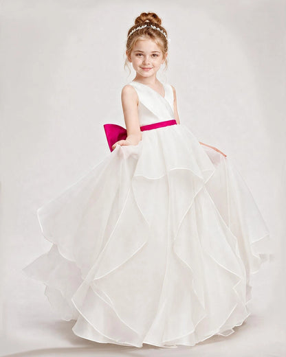 Dideyttawl Organza Flower Girl Dress with Tiered Skirt and Satin Bow