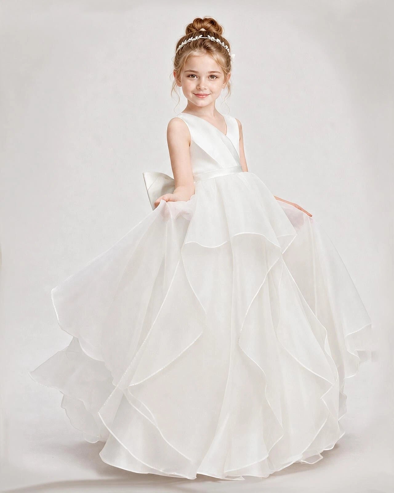 Dideyttawl Organza Flower Girl Dress with Tiered Skirt and Satin Bow