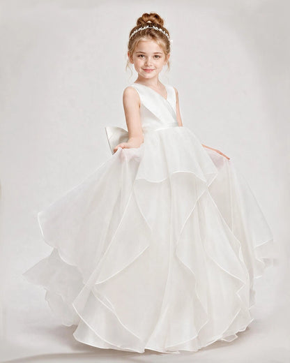 Dideyttawl Organza Flower Girl Dress with Tiered Skirt and Satin Bow