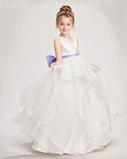 Dideyttawl Organza Flower Girl Dress with Tiered Skirt and Satin Bow