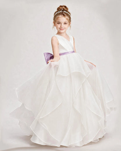 Dideyttawl Organza Flower Girl Dress with Tiered Skirt and Satin Bow