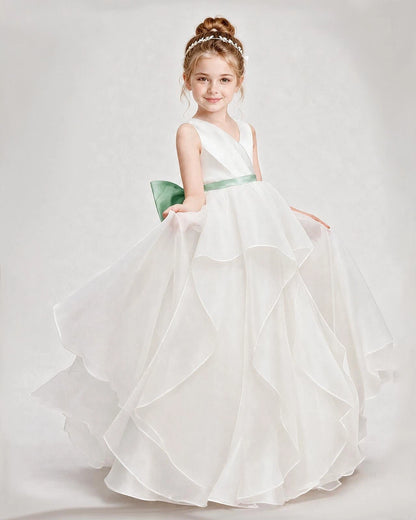 Dideyttawl Organza Flower Girl Dress with Tiered Skirt and Satin Bow