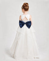 Navy Blue Satin Bow A-Line Flower Girl Dresses Back View