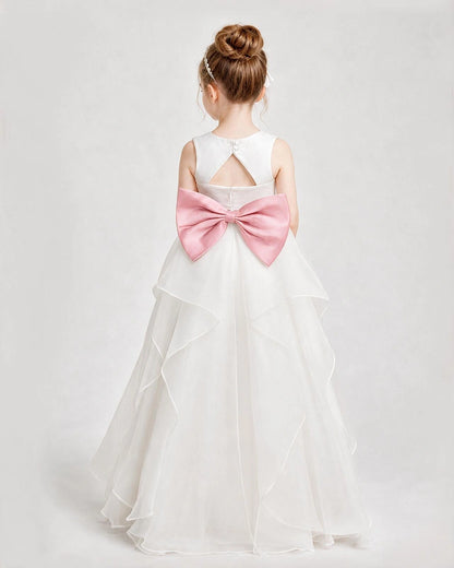 Dideyttawl Organza Flower Girl Dress with Tiered Skirt and Satin Bow