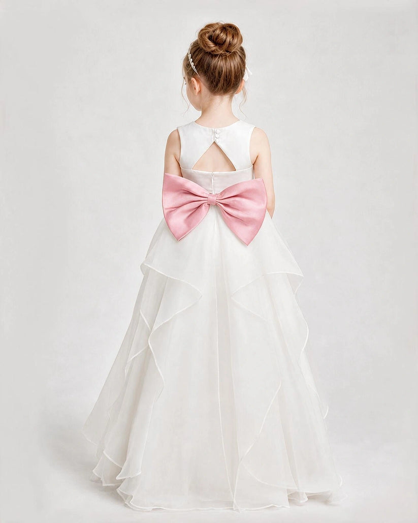 White and Pink organza tiered flower girl dress, Back View