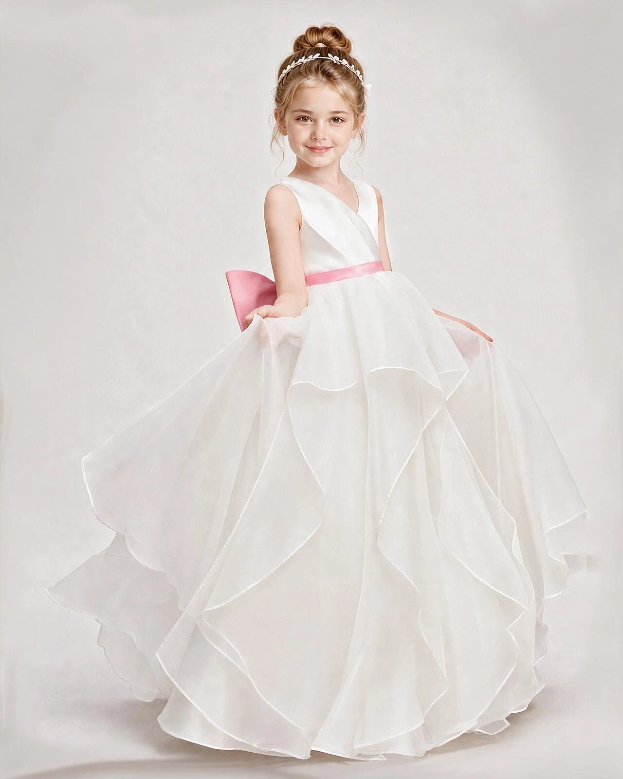 Dideyttawl Organza Flower Girl Dress with Tiered Skirt and Satin Bow