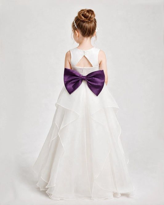 Purple satin and white chiffon A-line flower girl dress Back View