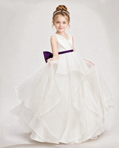 Dideyttawl Organza Flower Girl Dress with Tiered Skirt and Satin Bow