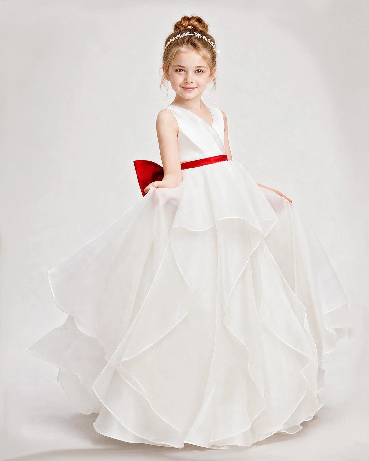 Dideyttawl Organza Flower Girl Dress with Tiered Skirt and Satin Bow