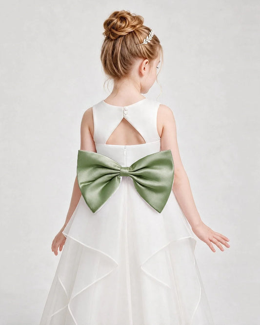 Sage Green Satin A-line Flower Girl Dresses