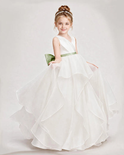 Dideyttawl Organza Flower Girl Dress with Tiered Skirt and Satin Bow