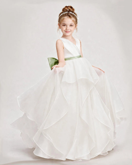 Sage Green Satin V-Neck Layered Flower Girl Dresses Front View