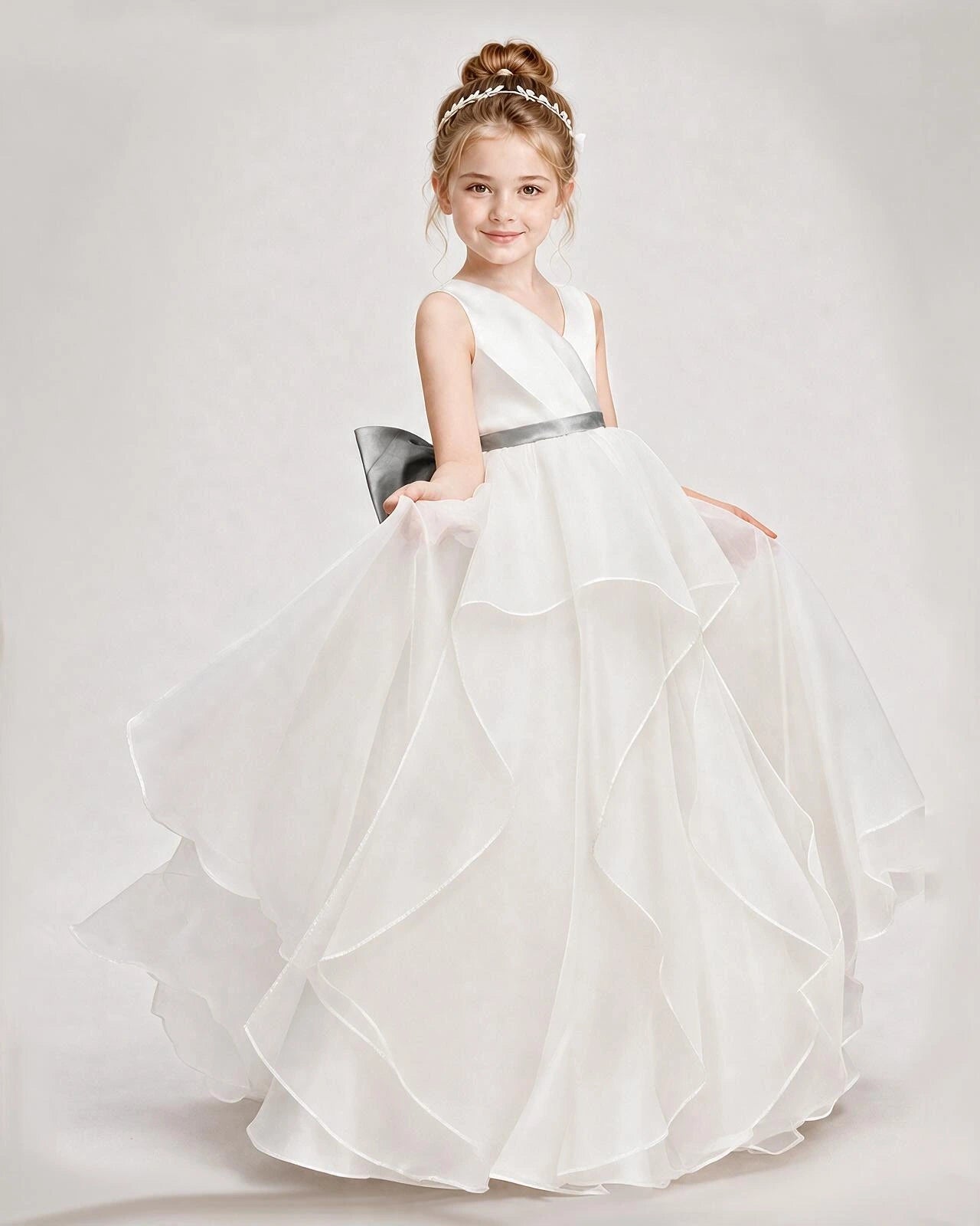 Dideyttawl Organza Flower Girl Dress with Tiered Skirt and Satin Bow