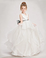 Silver Organza V-Neck A-Line Flower Girl Dresses Front View