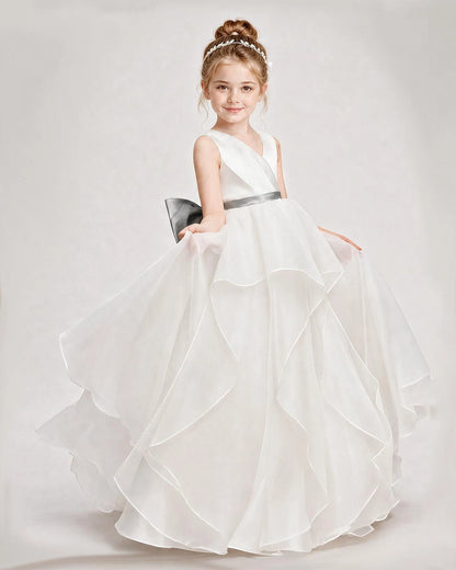 Dideyttawl Organza Flower Girl Dress with Tiered Skirt and Satin Bow