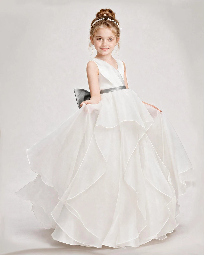 Silver Organza V-Neck A-Line Flower Girl Dresses Front View
