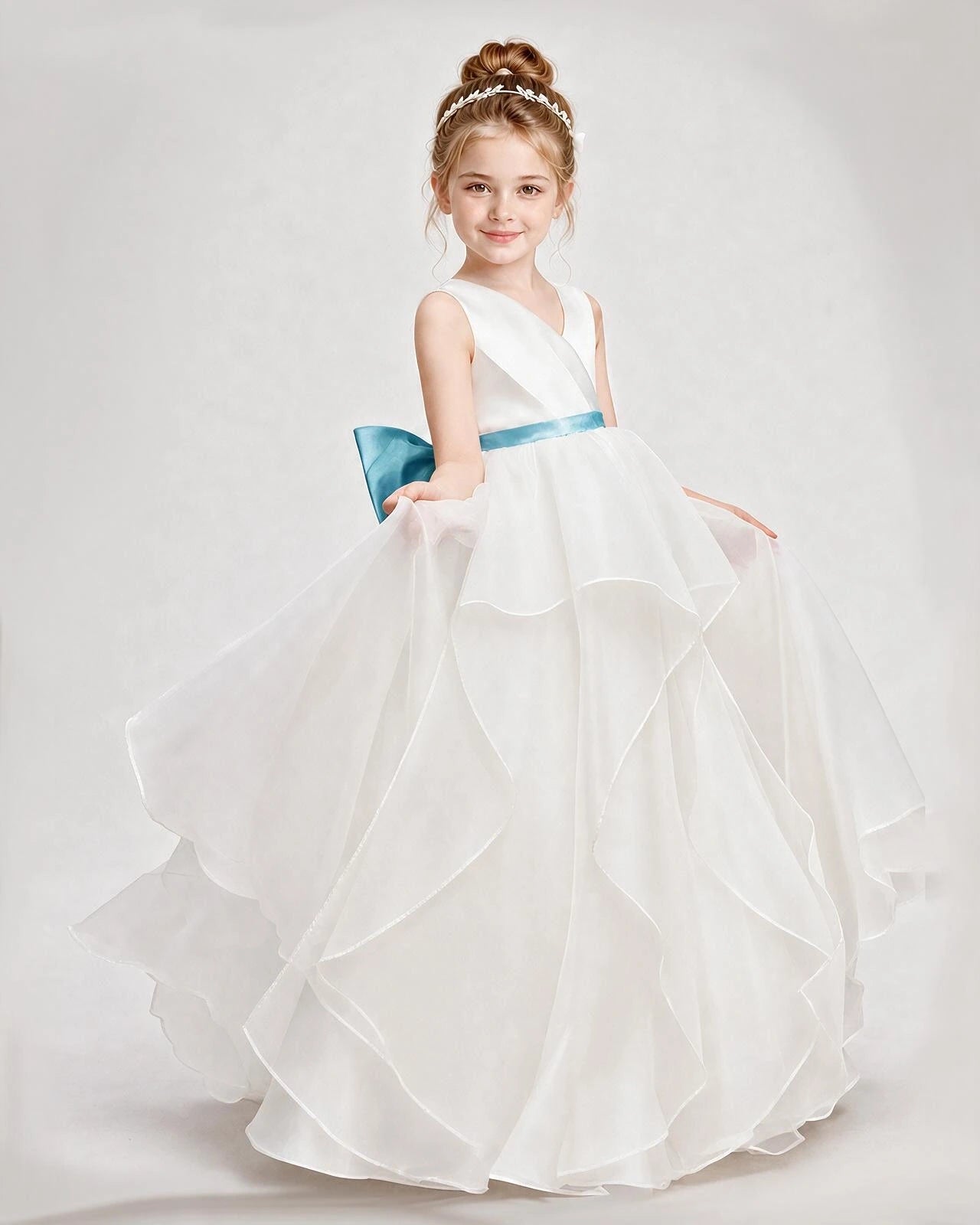 Dideyttawl Organza Flower Girl Dress with Tiered Skirt and Satin Bow