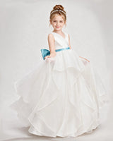 Sky Blue Satin V-Neck A-Line Flower Girl Dress Front View